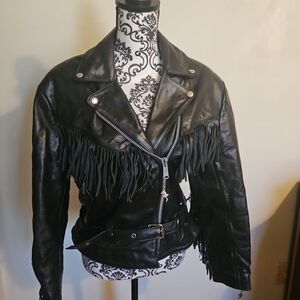 Vintage Genuine Leather Fringe Motorcycle Jacket w/ Beads Made in Mexico Size 16